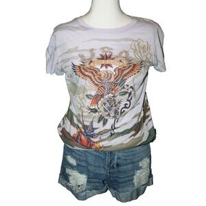 B.L.E.U. Women's Top USA Freedom Tatoo Eagle Camo Short Sleeve Size L Beaded